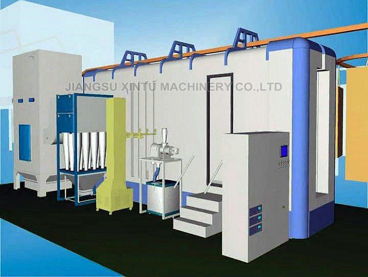 Automatic electrostatic powder coating line with powder recycling cyclone sperator