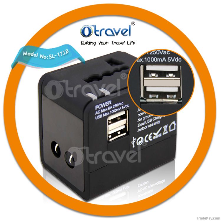 2.1A dual usb travel charger adapter for more than 150 countries