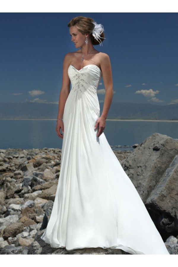 Sheath Scoop Sleeveless Beaded Floor Length Chiffon Beach Wedding Dresses