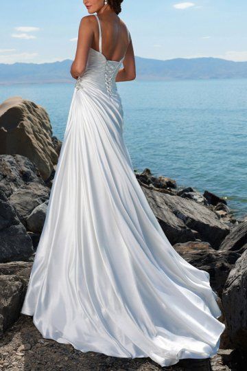 A Line V neck Sleeveless Adorned Jewelry Satin Beach Bridal Dresses with Rhinestones