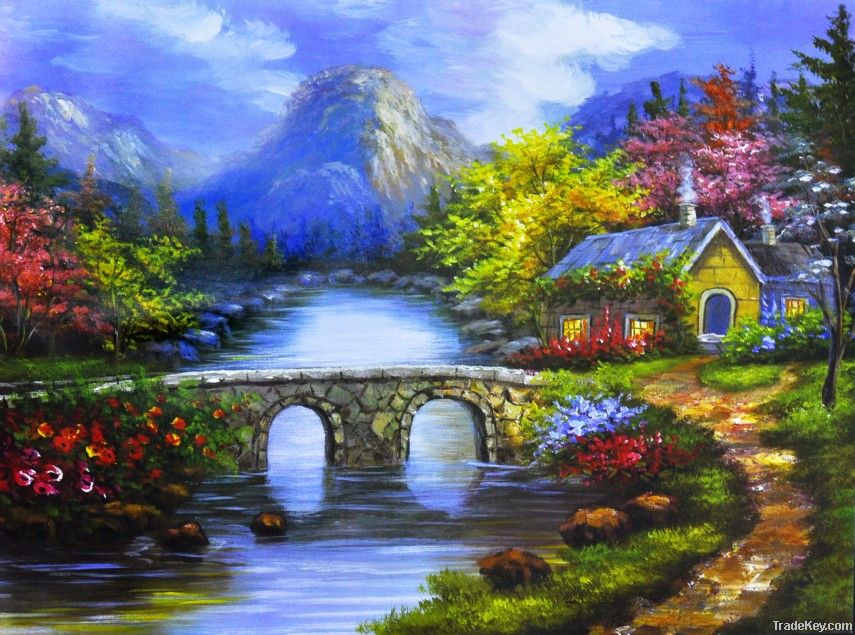 100% Handmade High Quality Landscape Oil Painting bridge blue sky colo