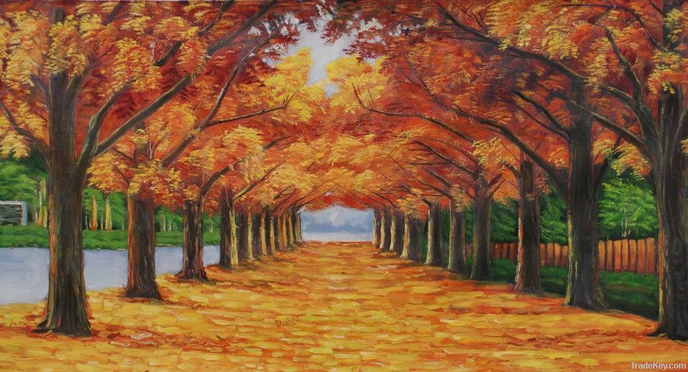 Free shipping 100% hand-painted large orange trees road wall art home