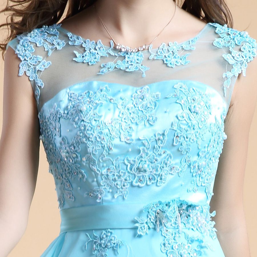 Sexy High Neck See Through Beaded Prom Dresses Elegant Blue See Through Chiffon Prom Gown Dress Celebrity High Quality Formal