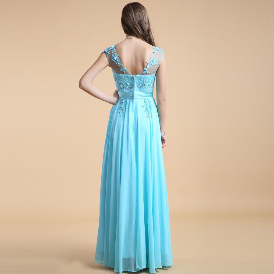 Sexy High Neck See Through Beaded Prom Dresses Elegant Blue See Through Chiffon Prom Gown Dress Celebrity High Quality Formal