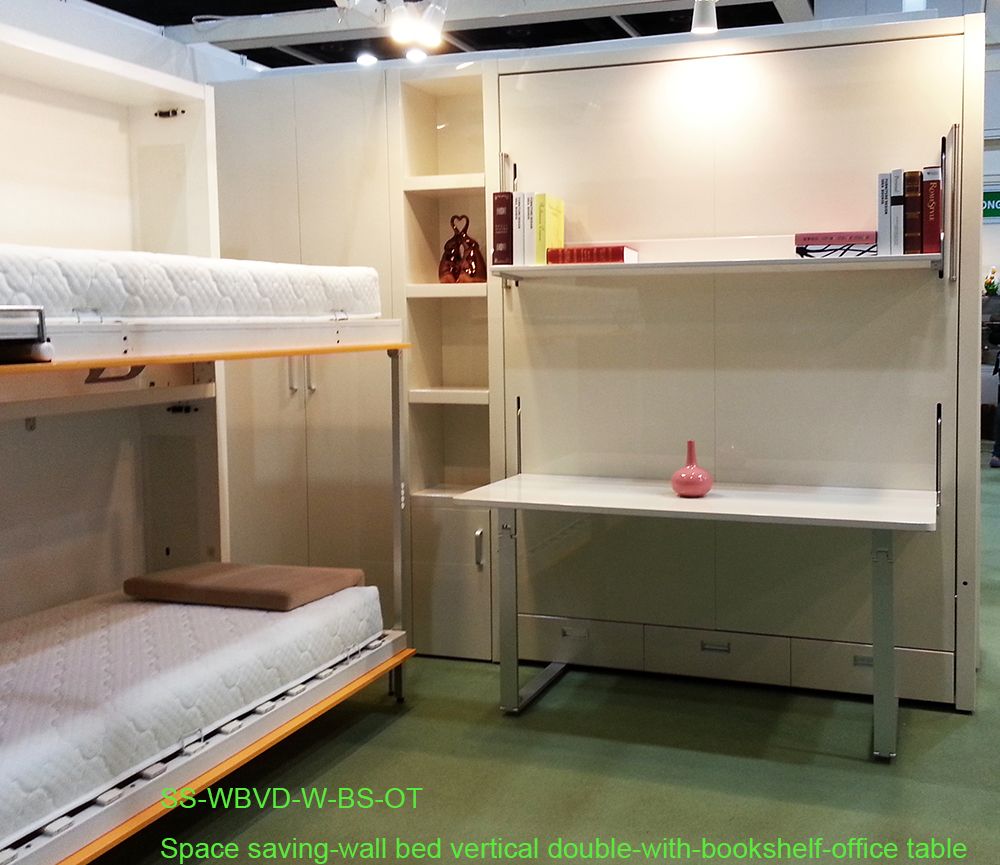 Space saving double wall bed with bookshelf and office table