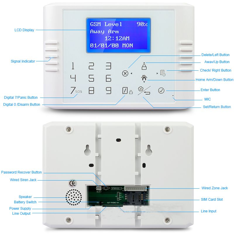 Multi-language GSM and PSTN alarm system with LCD touch keypad