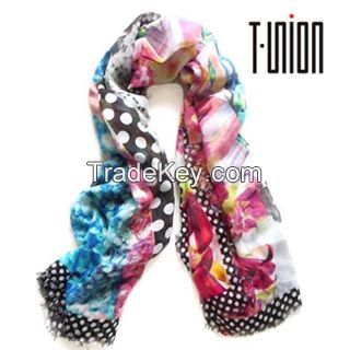 Ladies polyester scarf with dots & floral printing