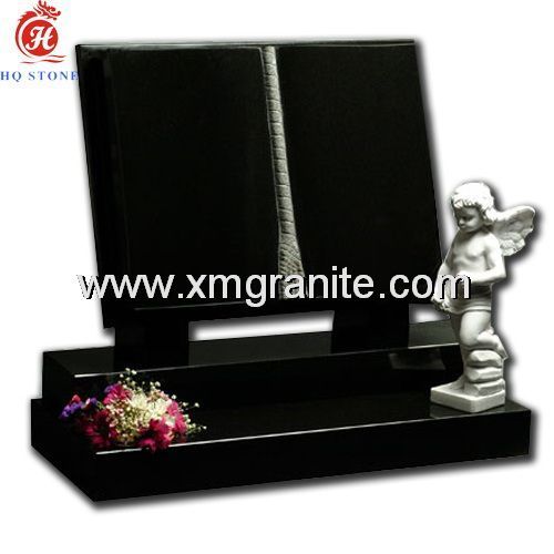 Shanxi Black Granite Double Angels with Hearts Tombstone