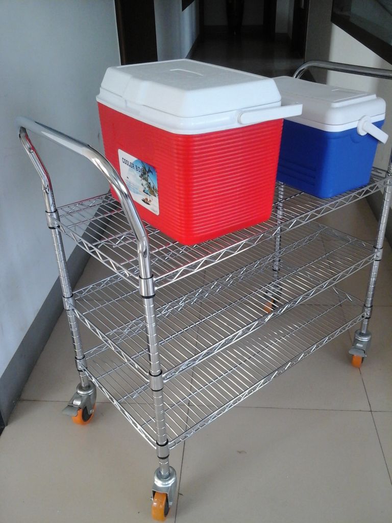 chrome wire shelving system with plastic bins