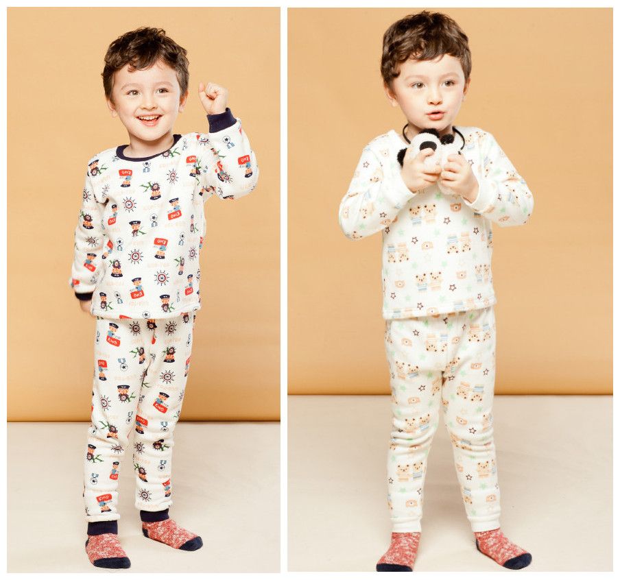 Kids winter fleece warm underwear Boy's thermal sleepwear Child cartoon printing homewear