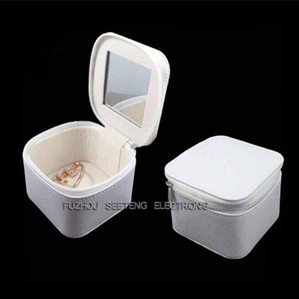 white jewelry box with mirror with zipper closure