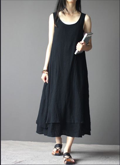 Gopche Linen Women Regular wear black dress