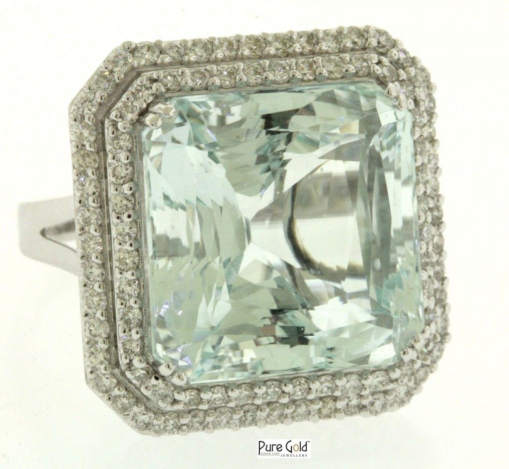 Michael Christoff heavy 18K white gold 29.13CTW diamond/aquamarine cocktail ring.