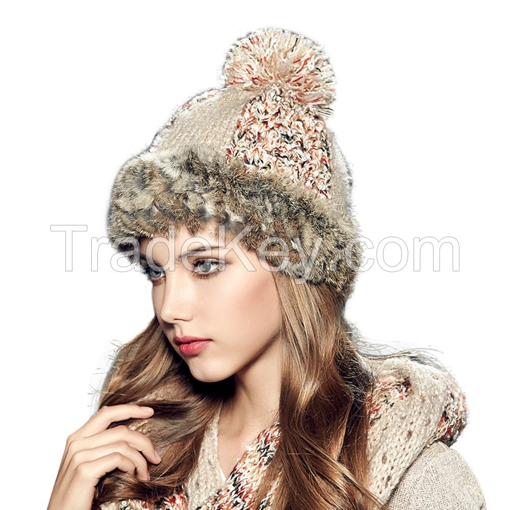 2015 Winter Fashion Women Rabbit Fur Knit Beanies Handmade Pompom Caps