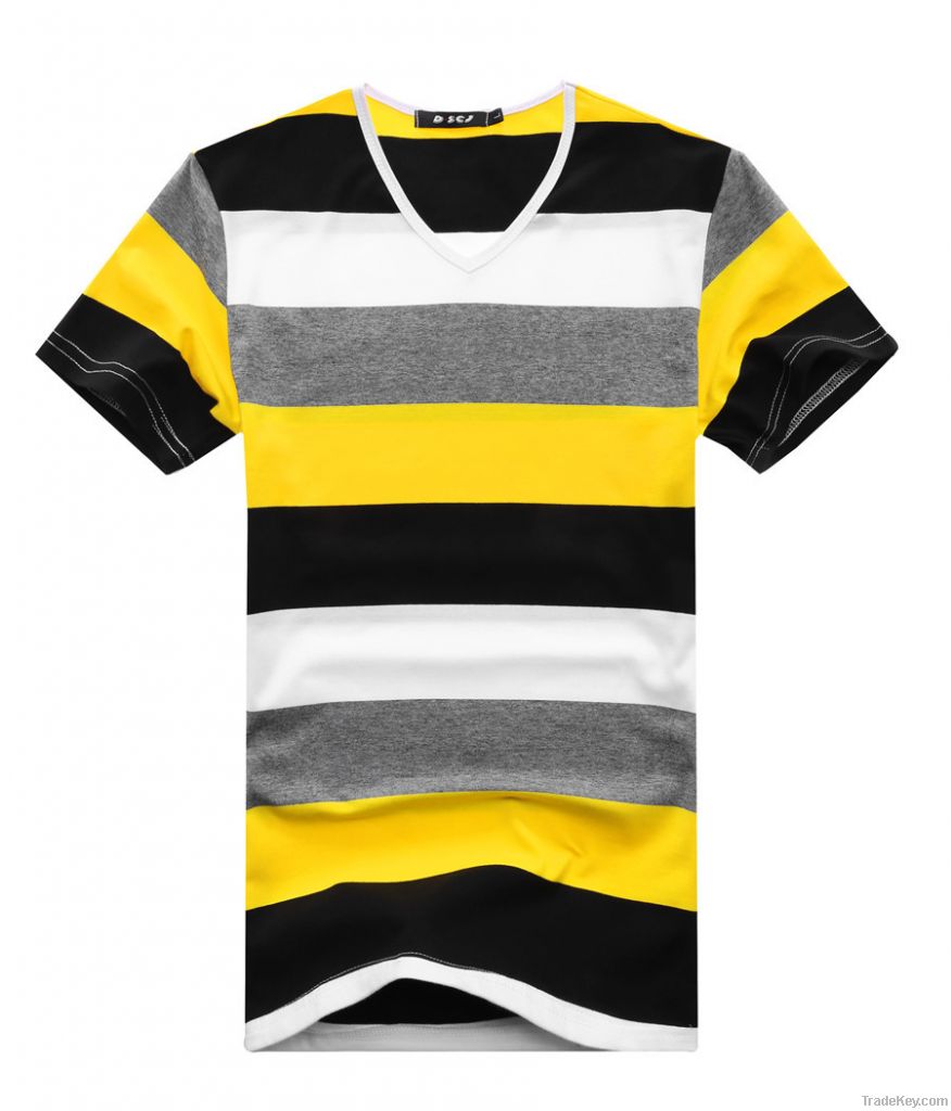 Fashion men's cotton lycra v-neck stripe T-shirt with short sleeves