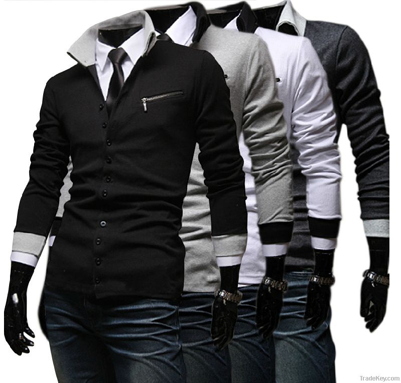 The fashion leisure lapels, pure color long sleeve large size T-shirt