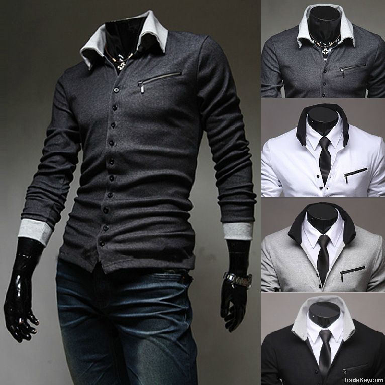 The fashion leisure lapels, pure color long sleeve large size T-shirt