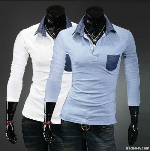 Men no-iron lapels, pure color long sleeve T-shirt