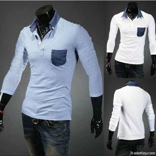 Men no-iron lapels, pure color long sleeve T-shirt