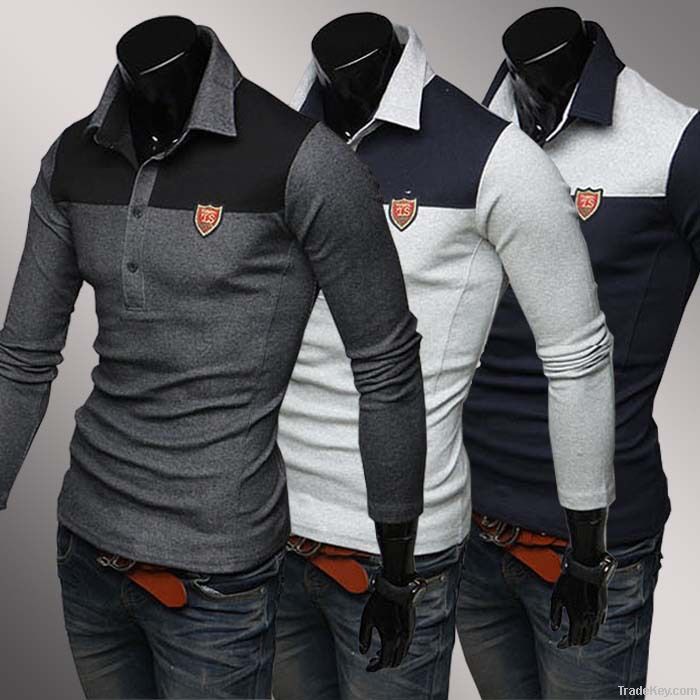 British long sleeve polo shirt color matching lapel t
