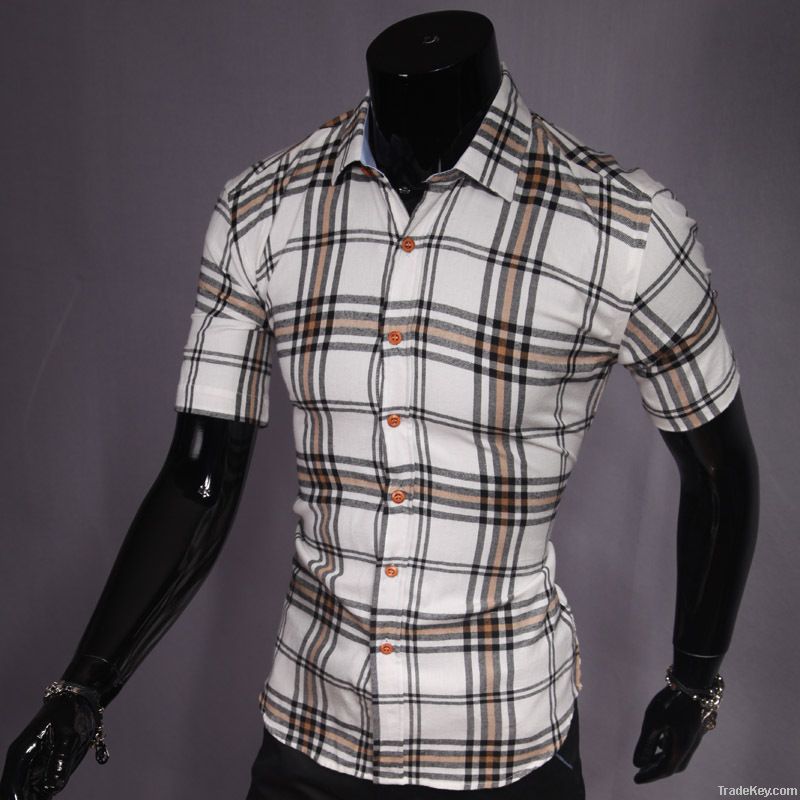 Men's fashion plaid short-sleeved cotton shirt