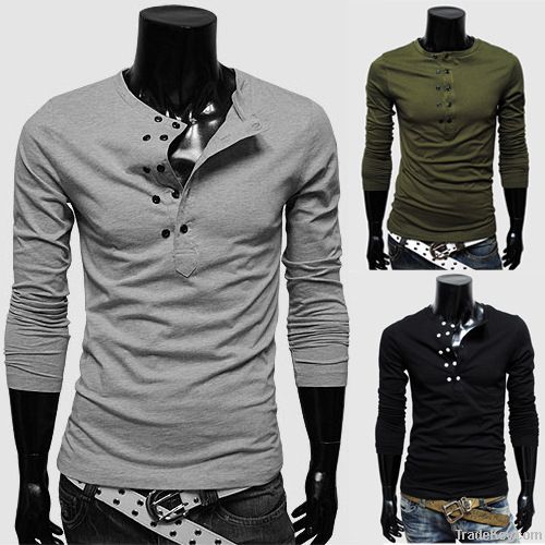 Free shipping!Men's stand collar double-breasted long sleeve T-shirt