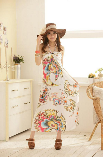 Charming Design Halter Neck Tiny Floral Print Bohemian Maxi Dress