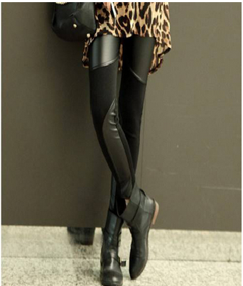 PU Leather Splicing Slimming Simple Design Solid Color Leggings For Women