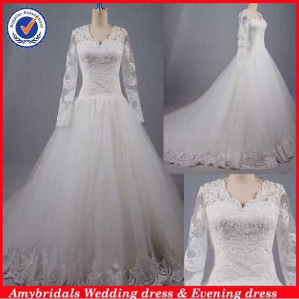01557 Real picture deep neckline bridal dress long sleeve lace wedding dresses 2014