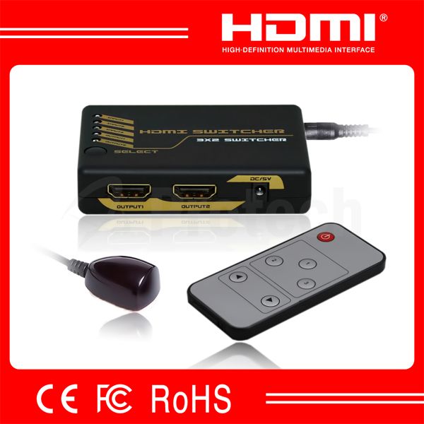High Efficient V1.3 HDMI Switcher 3 to 2 With IR Remote Mini Switcher Splitter