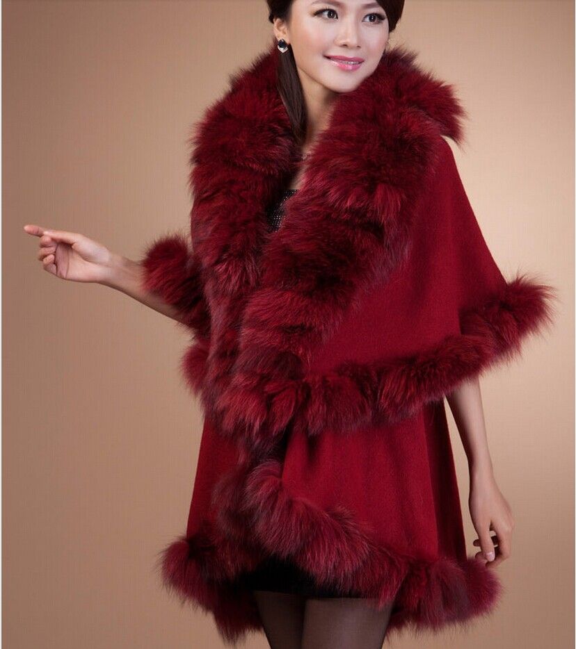 Winter high quality women's large fox fur cape fashion thickening sweater knitted cloak fur coat
