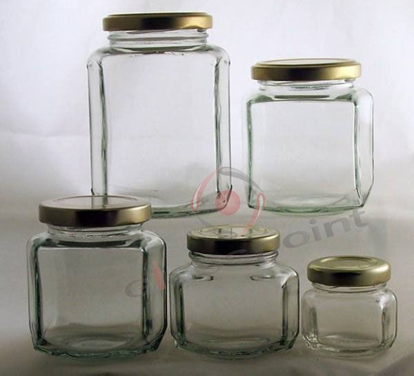 Hexagon/oval/octagon glass jars/food containers with metal/plastic cap