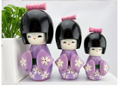 1SET/3PCS HANDMADE JAPANESE KOKESHI GIRLS WOODEN purple DOLLS