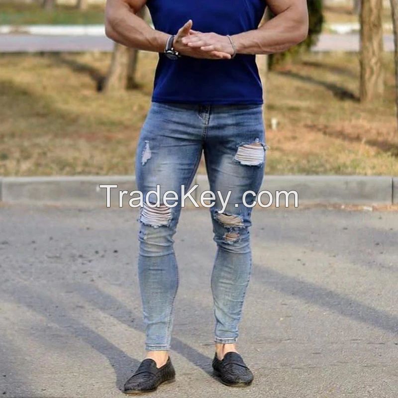 OEM Custom Destroyed Stretch Men's Skinny Denim Pant Slim Fit Mens Ripped Jeans