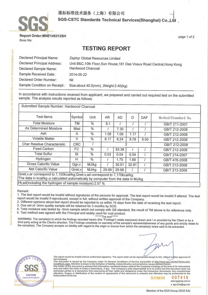 [Zephyr Global] Hardwood Charcoal from Ghana, SGS report