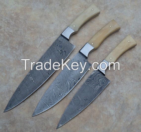 Classic Damascus Chef Knife 3 Piece Set, Twisted Pattern