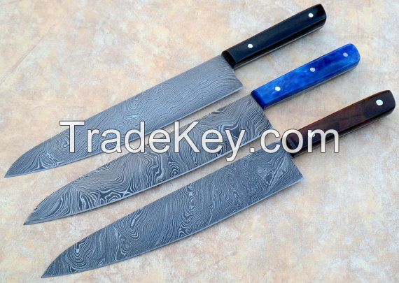 Classic Damascus Chef Knife 3 Pieces Set, Twisted Pattern