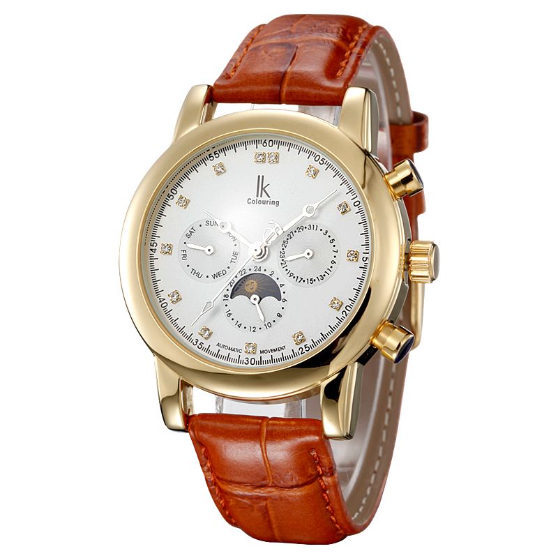 Automatic mechanical Wrist Calendar Genuine Leather Gold Big Dial Dress watch for men