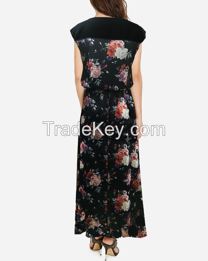 Black Floral Pattern Half Sleeve Maxi Dress