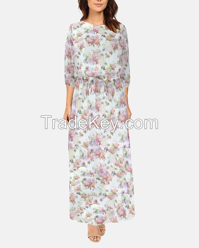 Floral Pattern Chiffon lined 3/4 Sleeve Maxi Dress