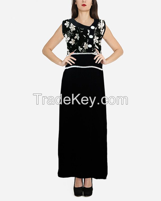 S16DR24-3 Buttons Collar Sleeveless Floral Print Maxi Dress