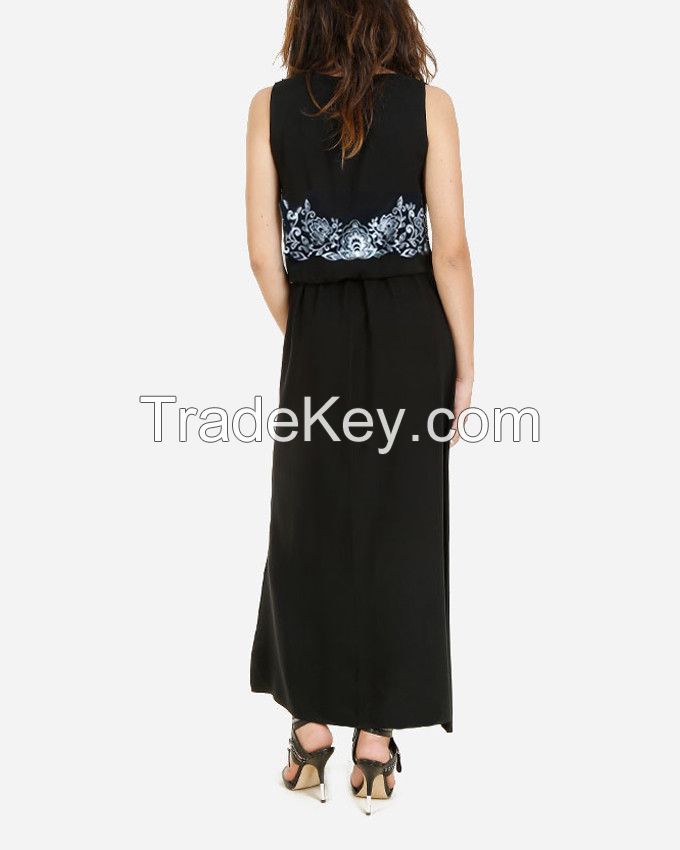 S16DR11-Vector PrintViscose/Cotton Sleeveless Maxi Dress