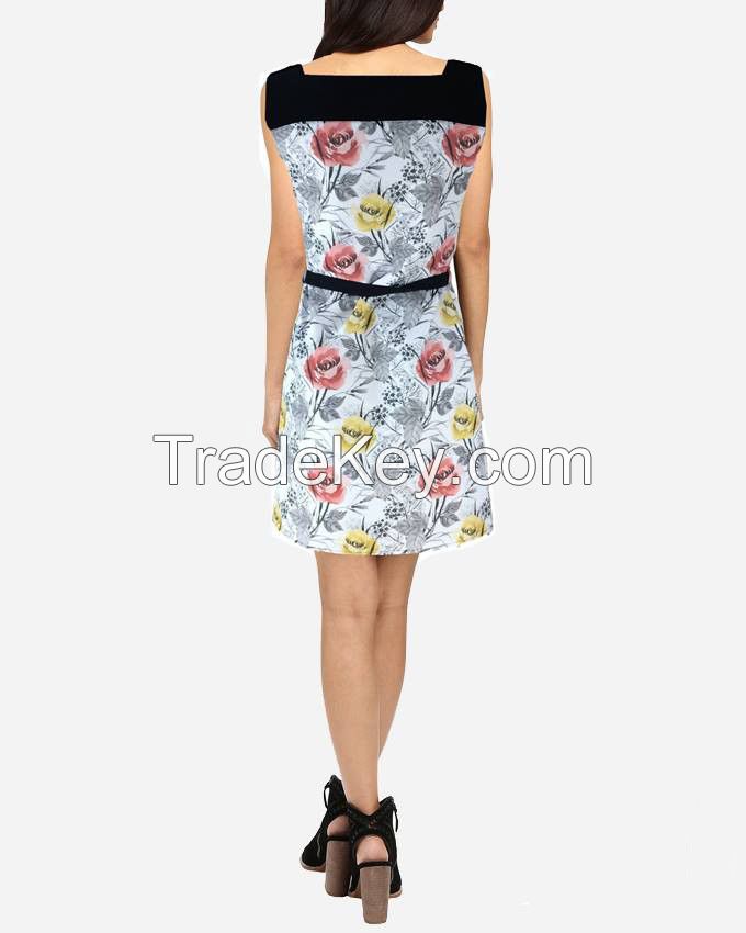 S16DR19- Pencil Floral Sleeveless Printed Shift Dress