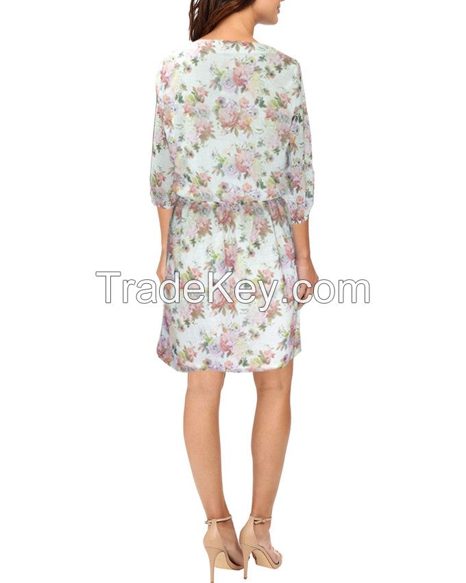 S16DR27-Chiffon 3/4 Sleeves Floral Pastel Dress