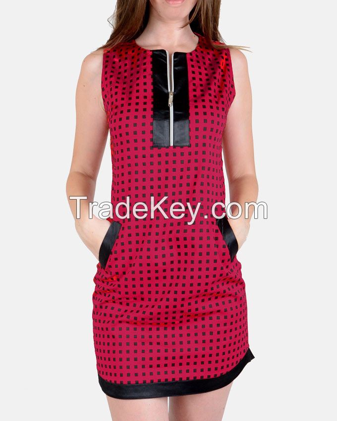 SSDR12-Gabardine/Cotton Squared pattern Sleeveless Dress