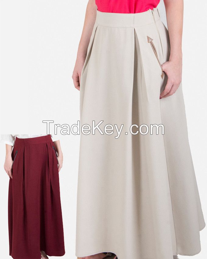 SSK407-Leather Pocket Plain Flare Maxi Skirt