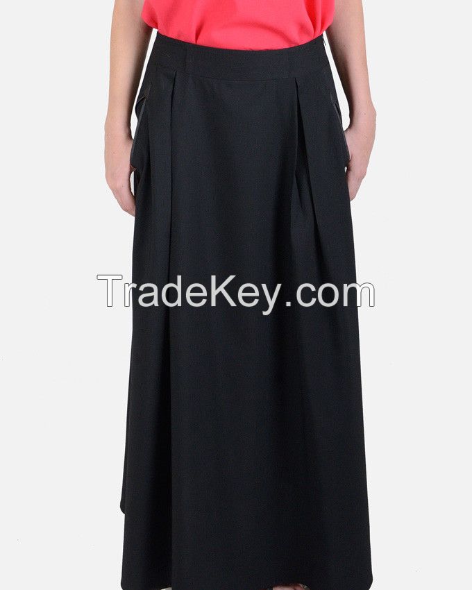 SSK407-Leather Pocket Plain Flare Maxi Skirt