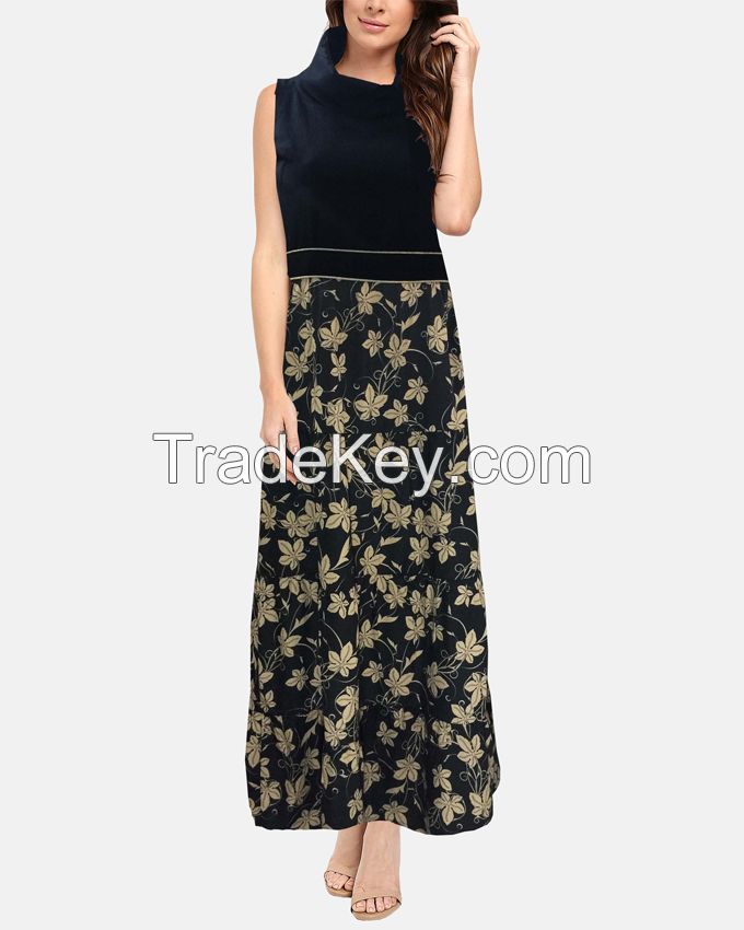 S16DR30- Portrait Collar Lower Floral Pattern Sleeve Maxi Dress