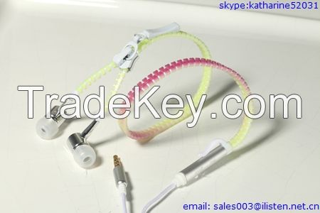 New fashion zipper earphone with mic color-changing in the sunlight earphone