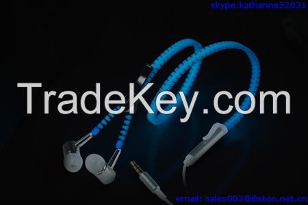 luminous zipper earphones headphones glowing earbuds with mic tangle free and noise cancelling